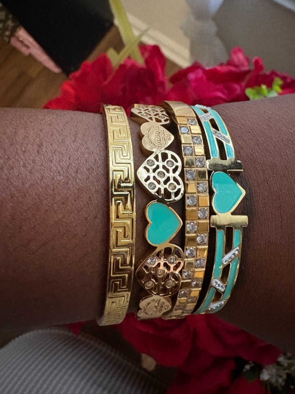 Gold and Turquoise Heart Stackable Women's Bracelet Set
